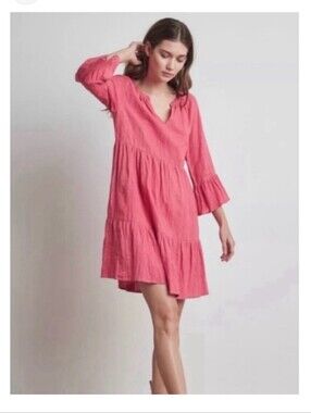 Velvet By Graham & Spencer Linen Pink Tiered V-Neck Tunic Dress Small